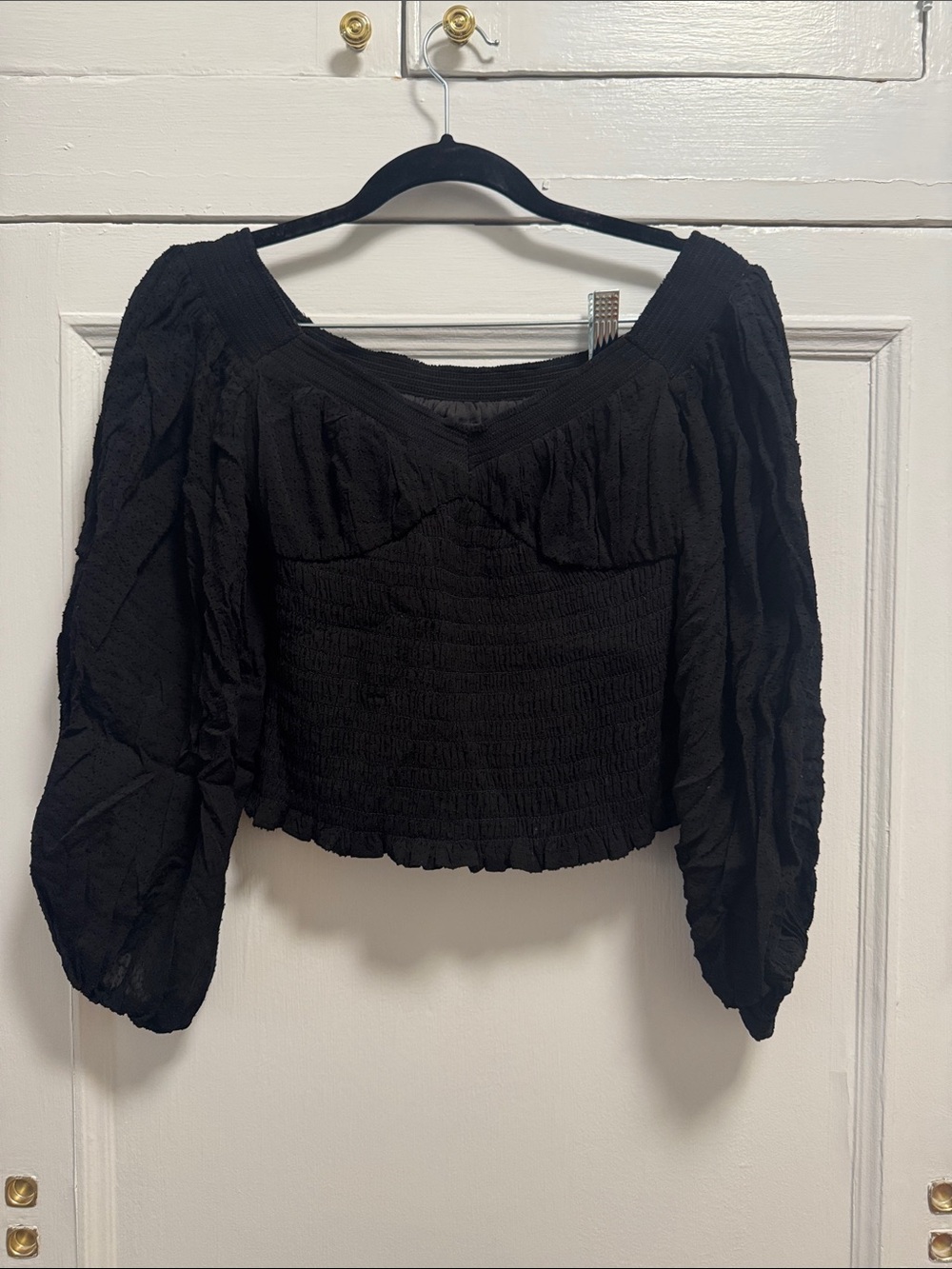 All Saints Black Smocked Cropped Peasant Top